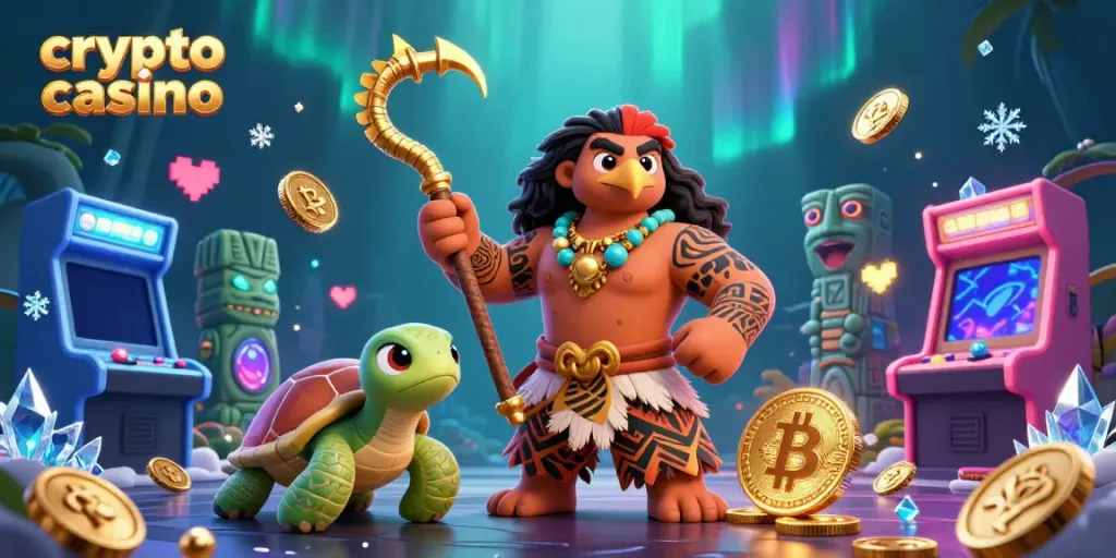 Engage in thrilling gameplay at the crypto casino with vibrant characters and interactive elements.