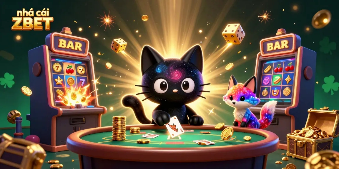 Engage in thrilling action at nhà cái ZBET with a cosmic casino scene featuring a black hole cat and nebula fox.