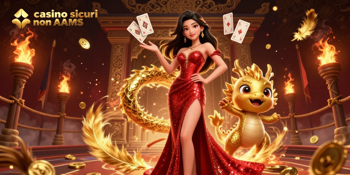 Interagisci con giochi entusiasmanti presso i casino sicuri non AAMS con una donna straordinaria e una mascotte drago dorato.