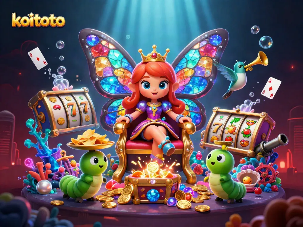 Koitoto menawarkan pengalaman bermain slot gacor dengan ratu kupu-kupu dan harta karun di latar belakang yang mempesona.