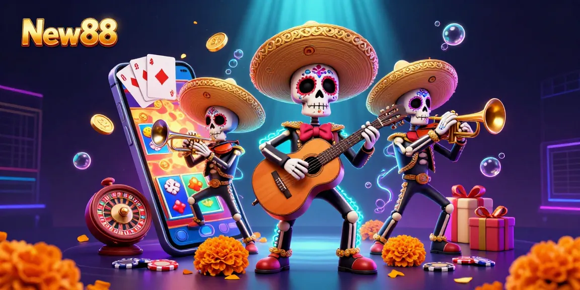 Experience the vibrant energy of New88 with a 3D illustration featuring a lively mariachi band and exciting casino elements.