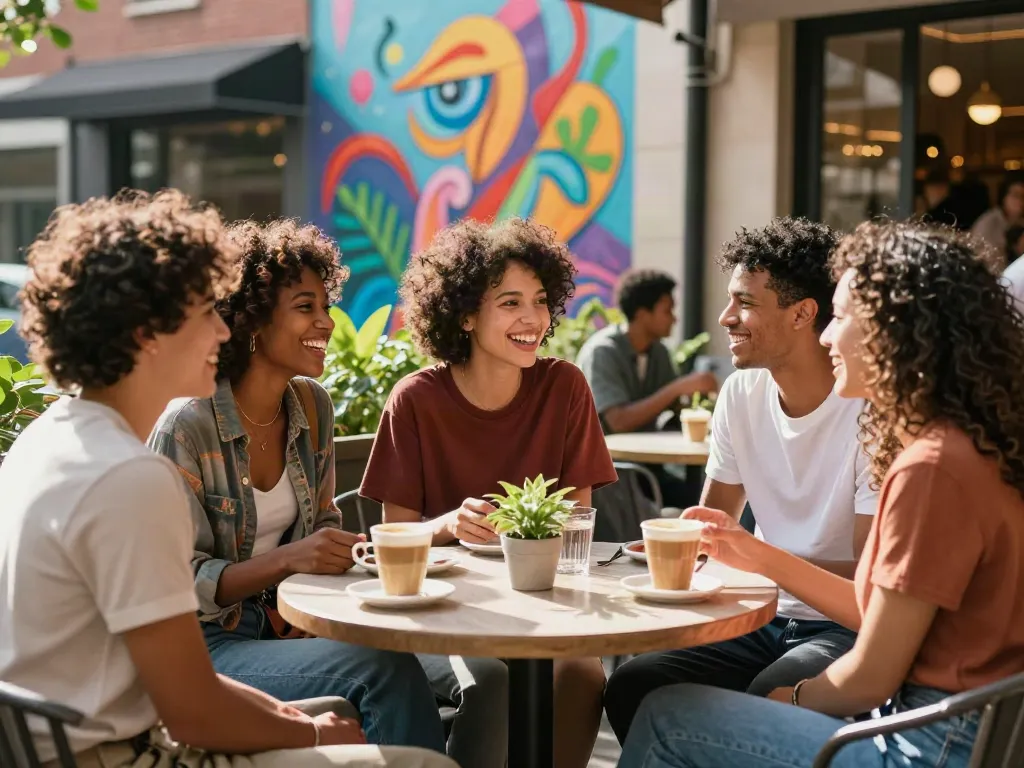 A diverse group of friends enjoying coffee at an outdoor café, highlighting the vibrant and inviting atmosphere of community gatherings featuring akunjp.