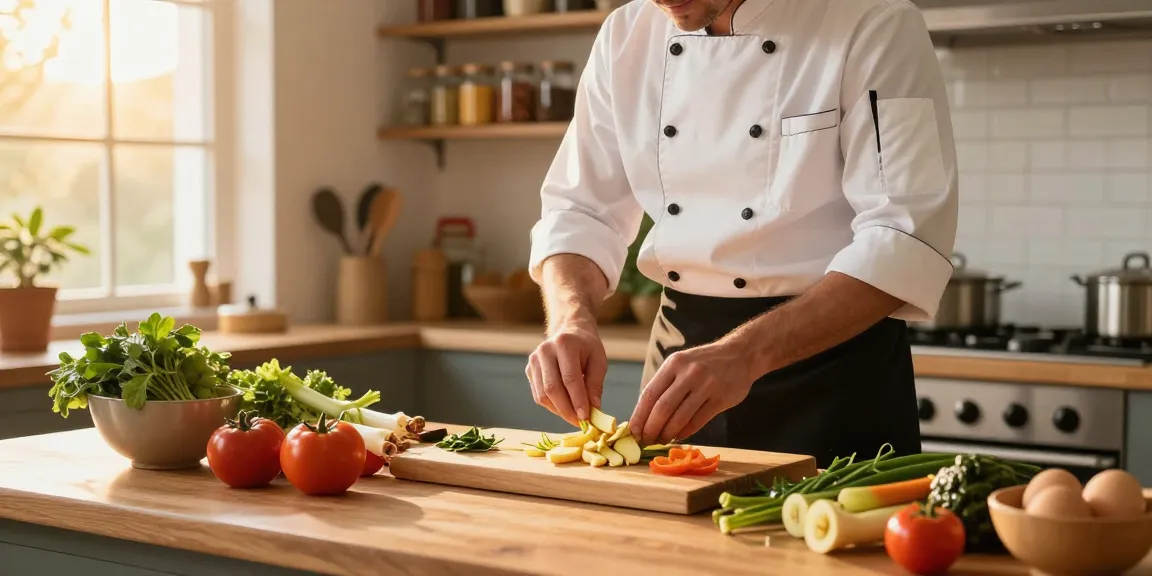 Chef creating a delicious ginger and lemongrass meal in a warm kitchen setting, showcasing fresh ingredients and cooking tools for a delightful culinary experience with สล็อต.