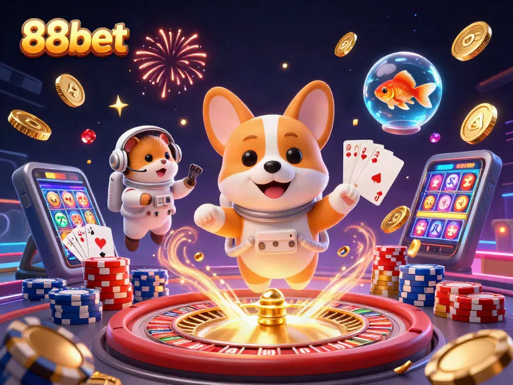 Experience 88bet's vibrant casino excitement with floating characters in a cosmic adventure.