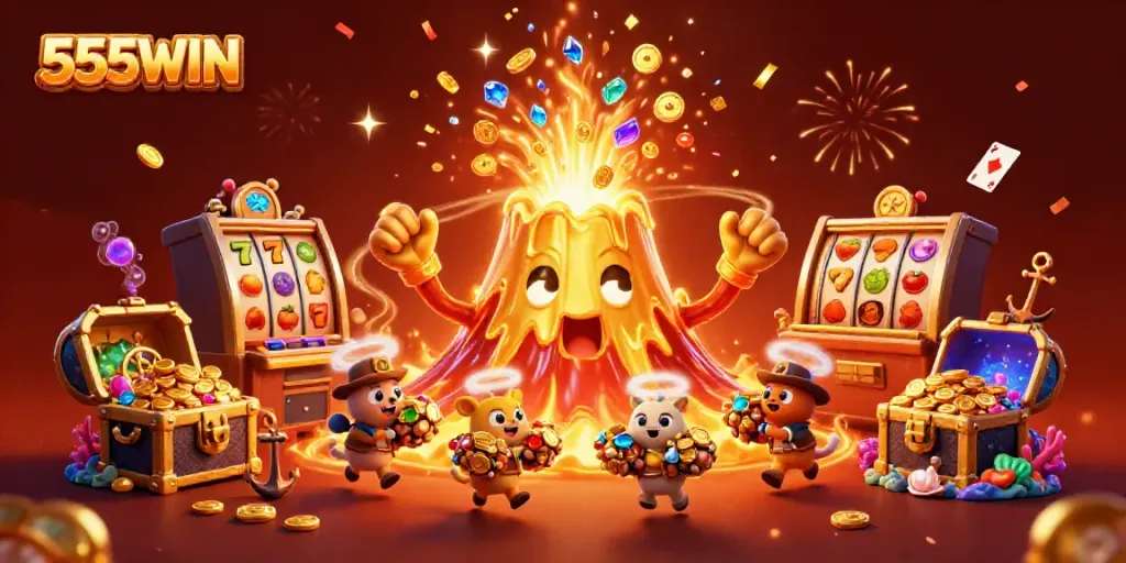 Engage with the excitement of 555WIN, featuring a volcano spilling treasure in this vibrant casino illustration.