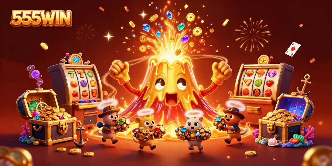 Engage with the excitement of 555WIN, featuring a volcano spilling treasure in this vibrant casino illustration.
