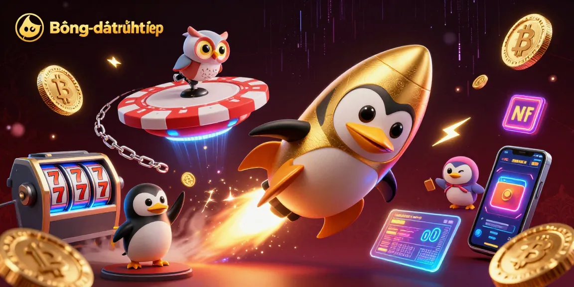 Bóngđátrựctiếp launches into excitement with a golden penguin racing toward a casino space station.