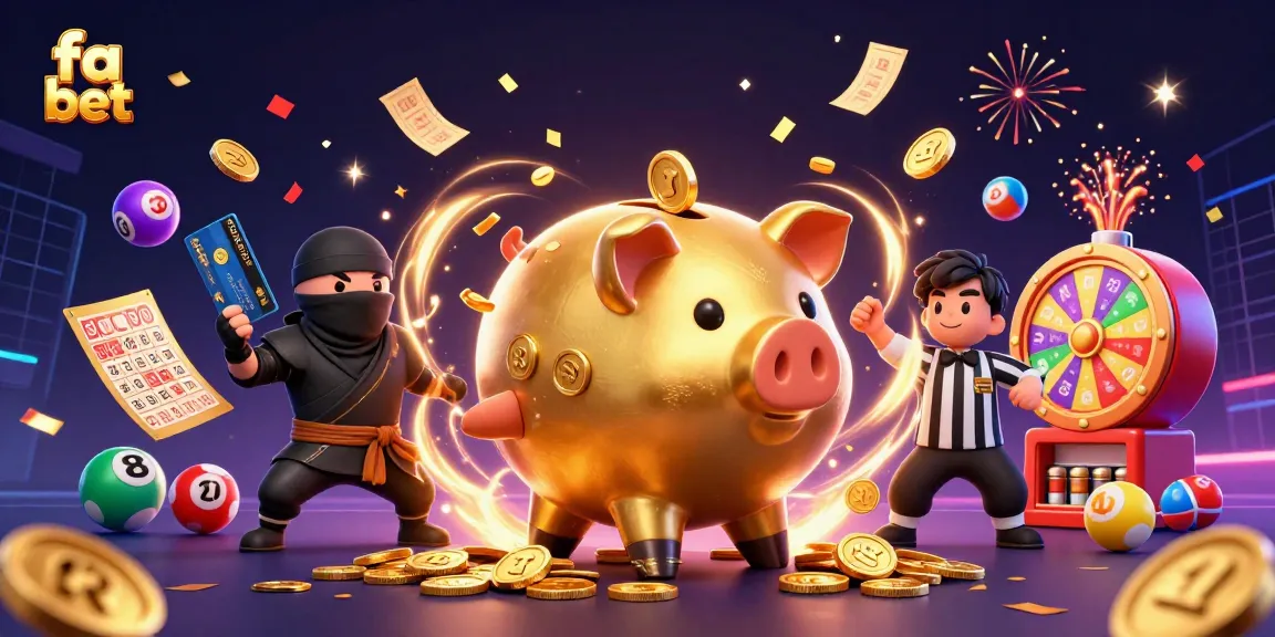 Engage with exhilarating fa bet action featuring a golden piggy bank sumo wrestler amid colorful casino elements.