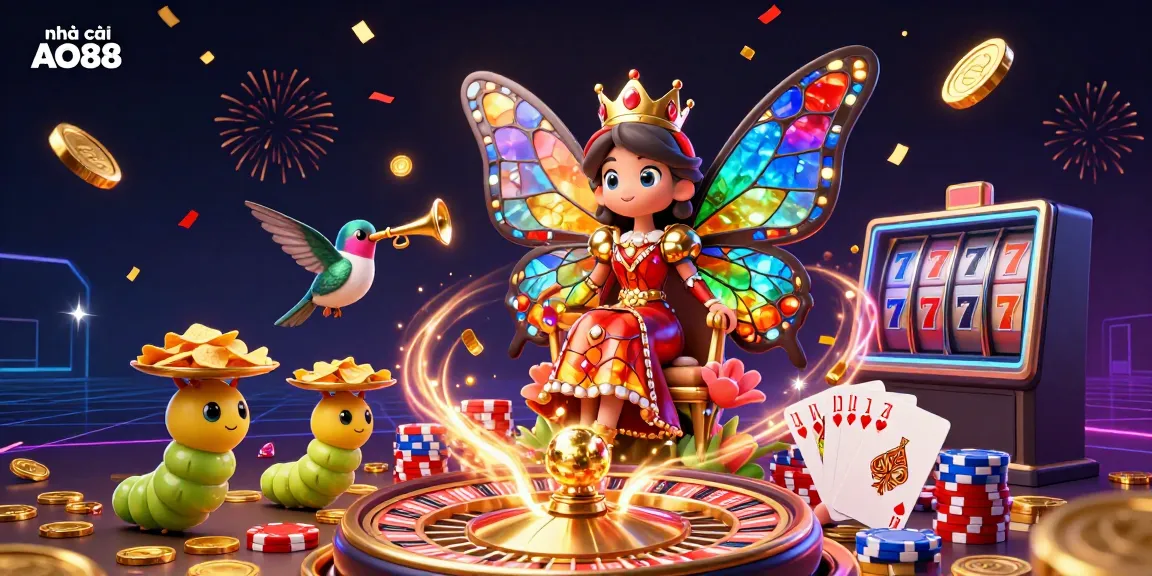Experience the excitement of nhà cái AO88 with vibrant casino elements and characters celebrating in a rich, dynamic scene.