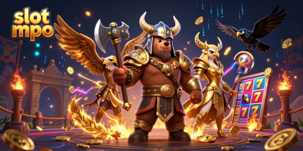 Engage with slot mpo, where a Viking berserker bear and Valkyrie eagle battle amidst swirling gold coins and slot reels.