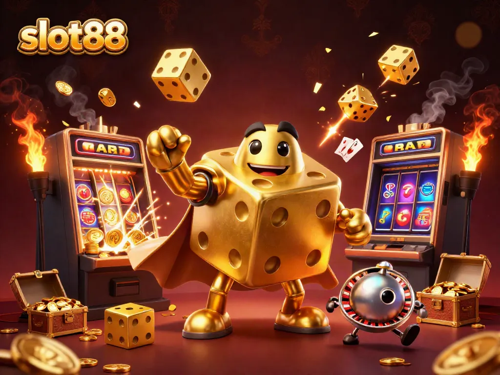 Menggulung dadu emas dan eksplosi jackpot pada slot88, suasana kasino yang meriah.