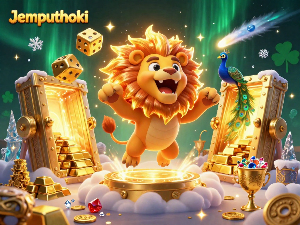 Play and win prizes on Jemputhoki with vibrant casino elements and gold treasures in 3D illustration.