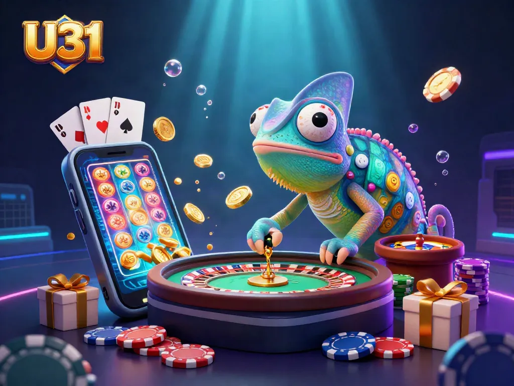 Experience U31's vibrant casino world with a chameleon owner and dynamic gaming elements.