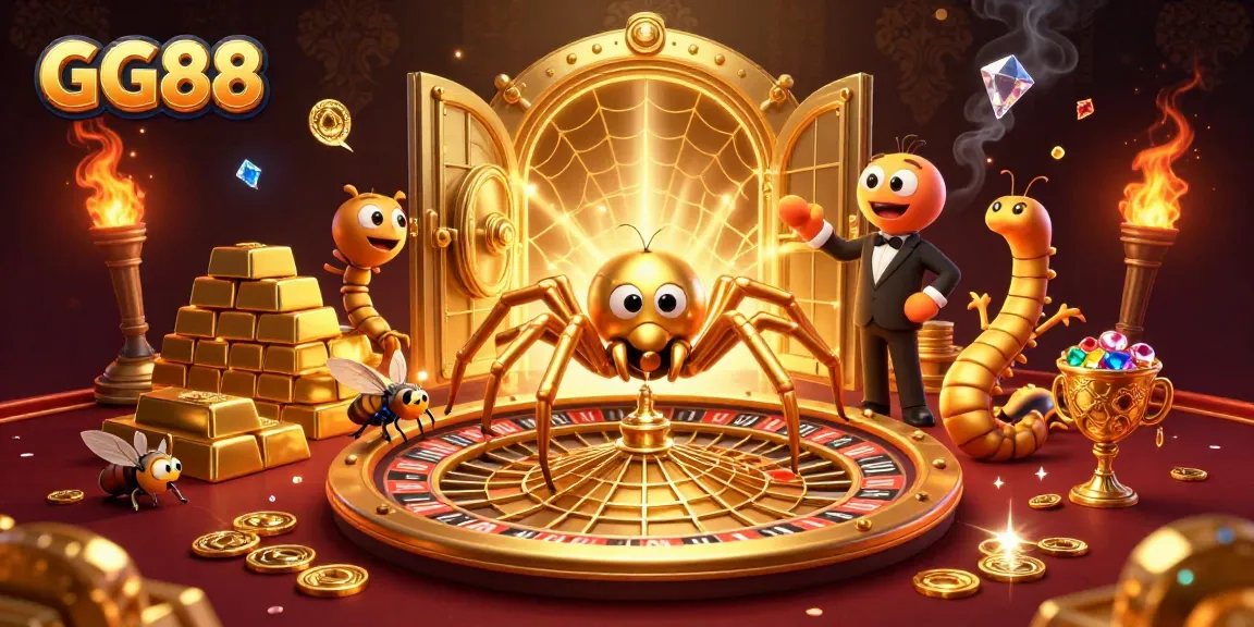 Experience GG88's thrilling casino vibes with a golden spider and centipede croupier in this vibrant scene.