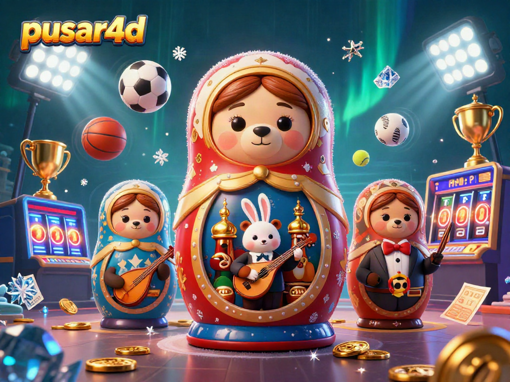 Permainan slot pusar4d dengan ikon beruang matrushka, dealer yang penuh warna, dan bola olahraga.