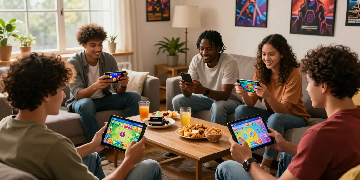 Mobile gaming app users enjoying Card Rummy together in a cozy living room.