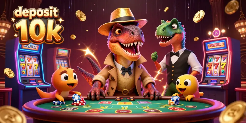 Gambarkan deposit 10k dengan velociraptor di meja blackjack bersama pit boss stegosaurus dan pencopet kompi.