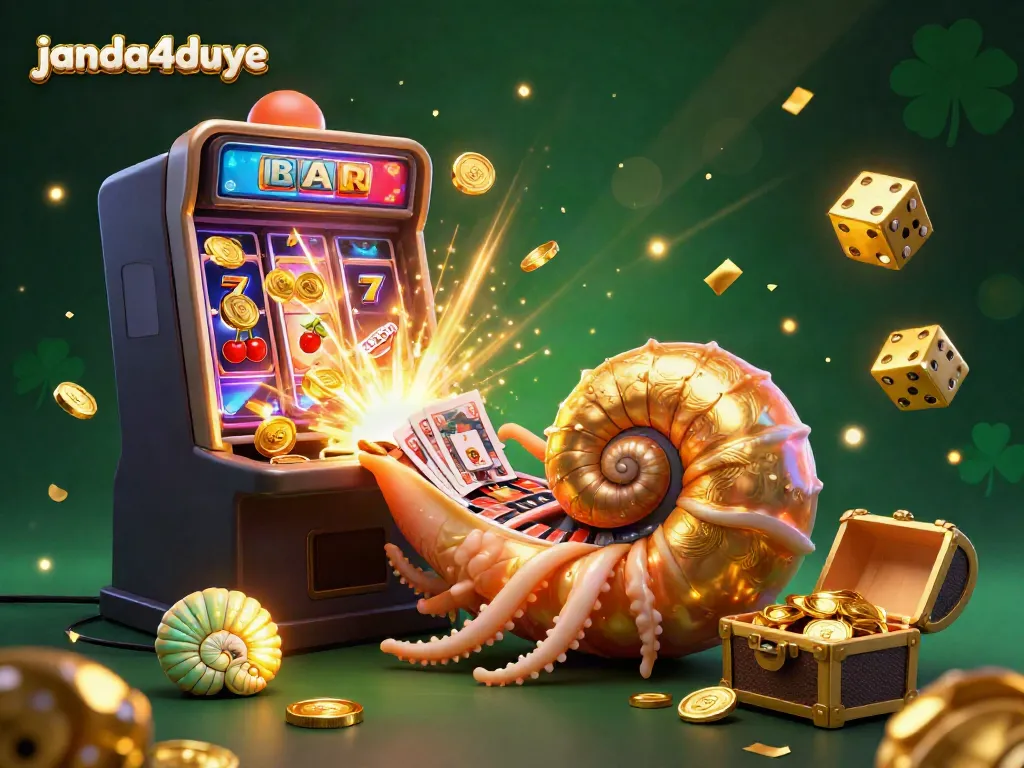 janda4duye menampilkan nautilus raksasa dan mesin slot dalam ilustrasi kasino warna-warni yang memukau.