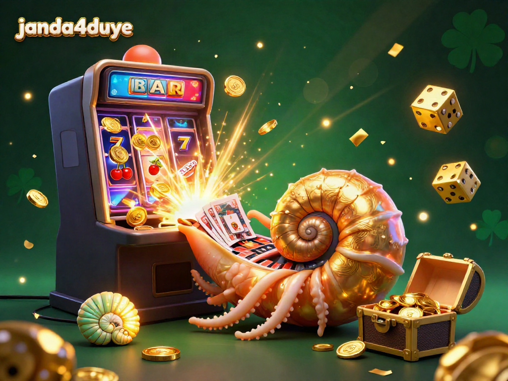 janda4duye menampilkan nautilus raksasa dan mesin slot dalam ilustrasi kasino warna-warni yang memukau.