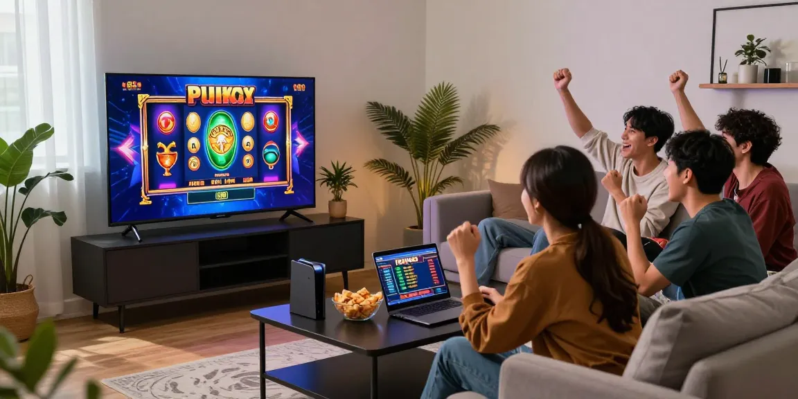Exciting online gaming moment featuring slot888 on a large TV, friends cheering and enjoying in a stylish living room.