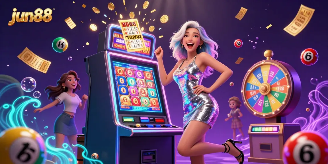 Experience the excitement of jun88 with a stunning 3D illustration showcasing a joyous celebration around slot jackpots and vibrant lottery elements.