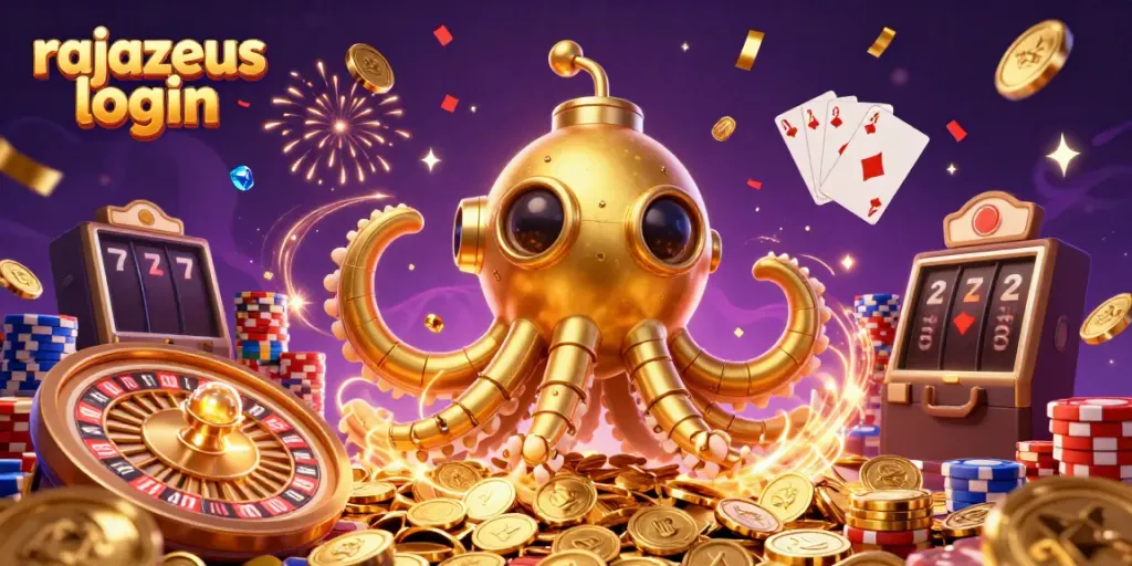 Permainan slot king, rajazeus login, di tengah emas berkilau dan efek kembang api.