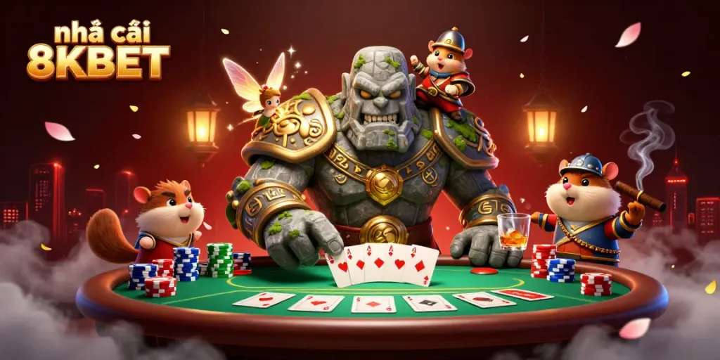 Play poker with our dynamic characters, the ancient stone golem guardian and a fairy, at nhà cái 8KBET.