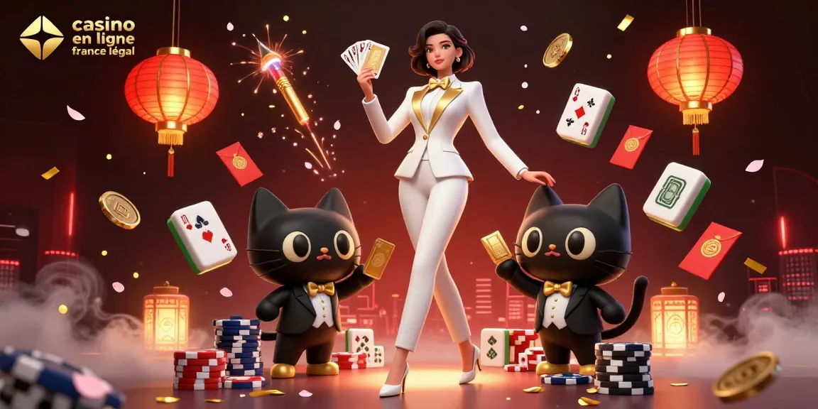 Scène engageante mettant en vedette un casino en ligne France légal avec une femme glamour mélangeant des cartes et un chat noir espiègle.