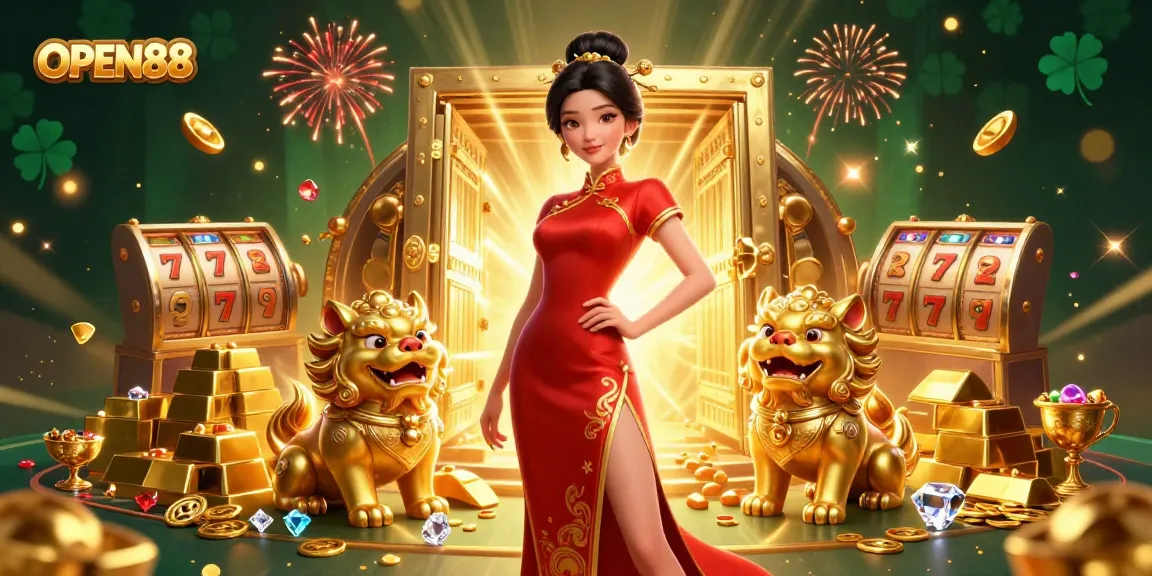 Experience excitement at OPEN88 with glamorous gaming and dazzling treasures in a vibrant 3D illustration.