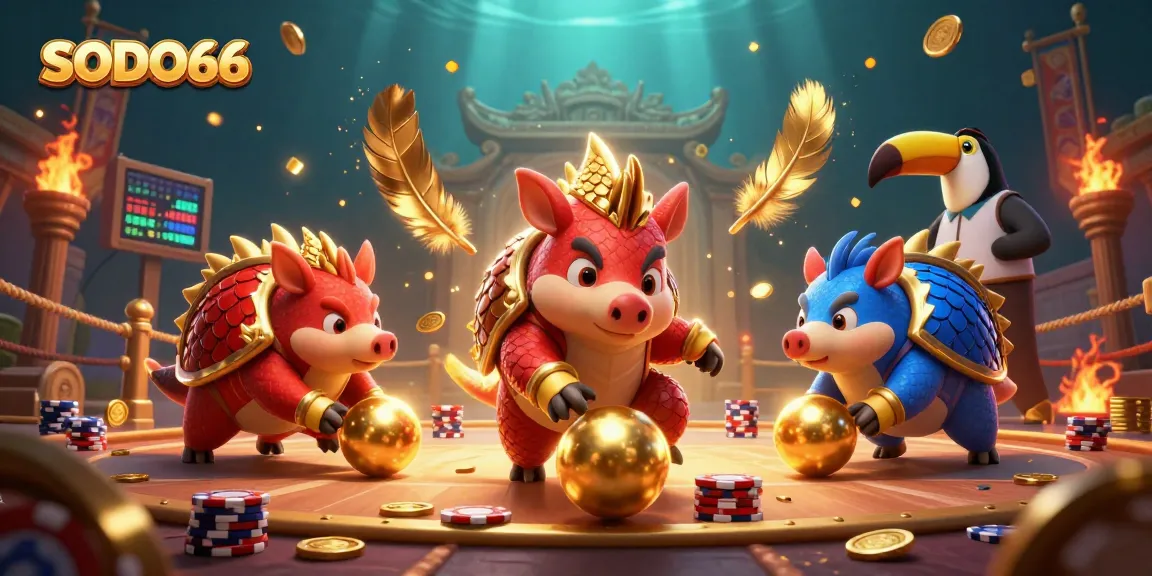 Bowling into golden balls at SODO66, rival pangolins in a vibrant casino scene.