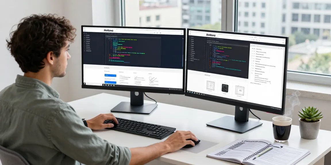 Dynamic workspace of a website developer near me with dual monitors, coffee, and design notes creating an innovative atmosphere.