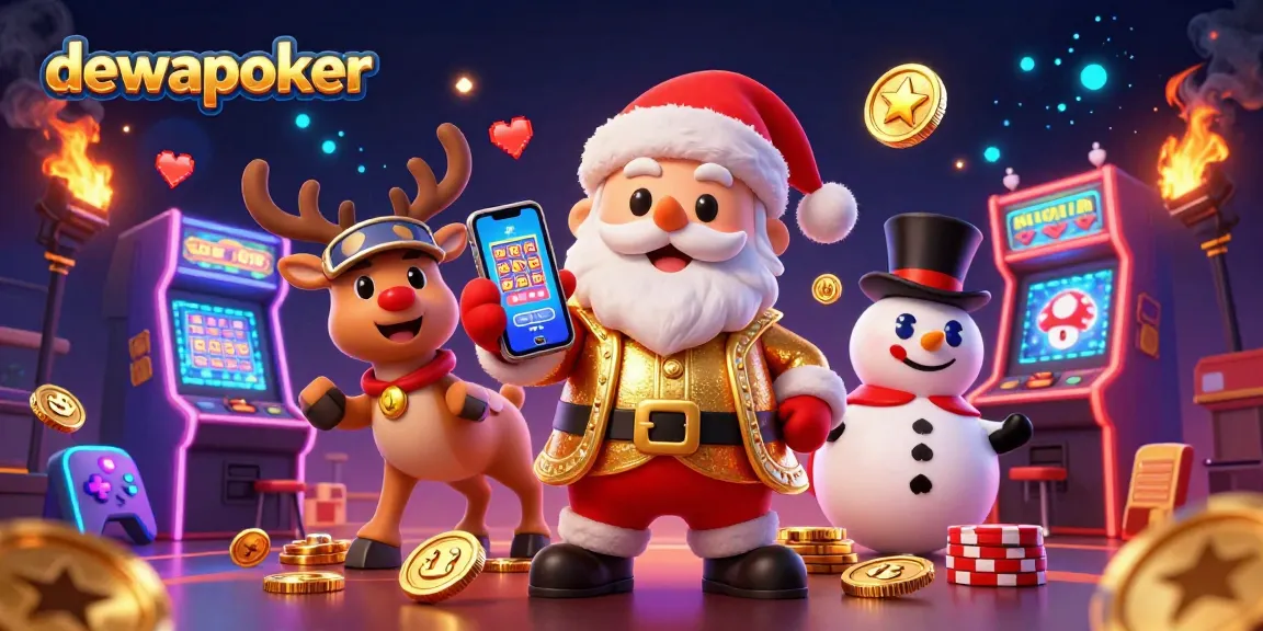 Dewapoker casino scene featuring a joyful Santa with a smartphone, surrounded by themed gaming elements.