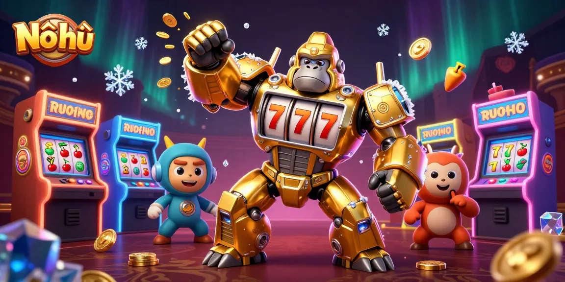 Nổ hũ gaming scene showcases a golden gorilla mech with slot reels amidst colorful arcade elements