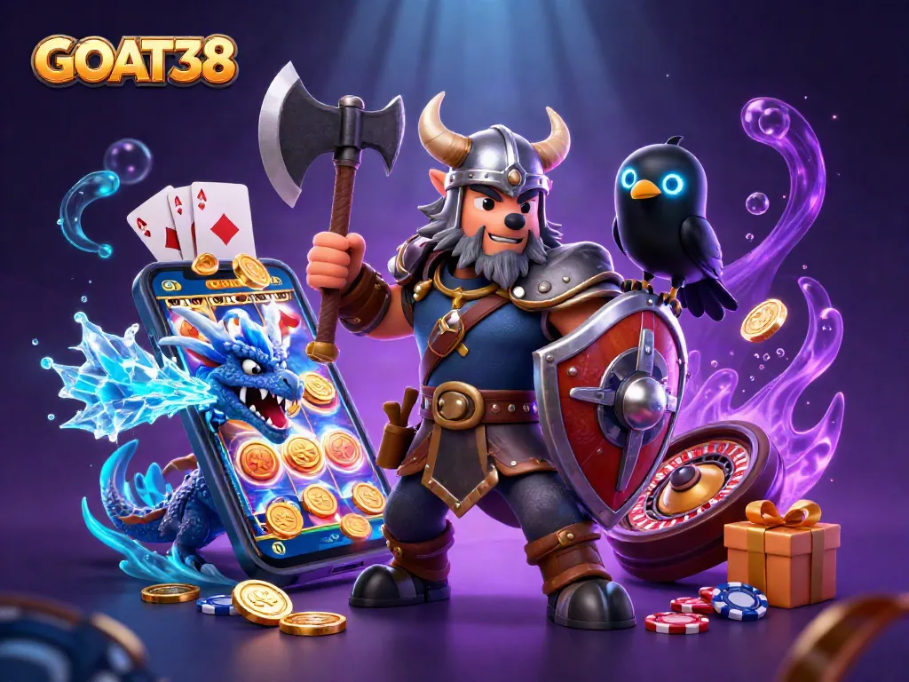Join the action with GOAT38 featuring a Viking wolf warrior and magical elements in a vibrant casino scene.