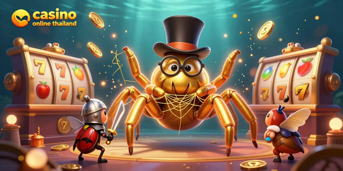 Engaging 3D illustration of casino online thailand with a golden tarantula and beetle knight amidst vibrant slot reels.