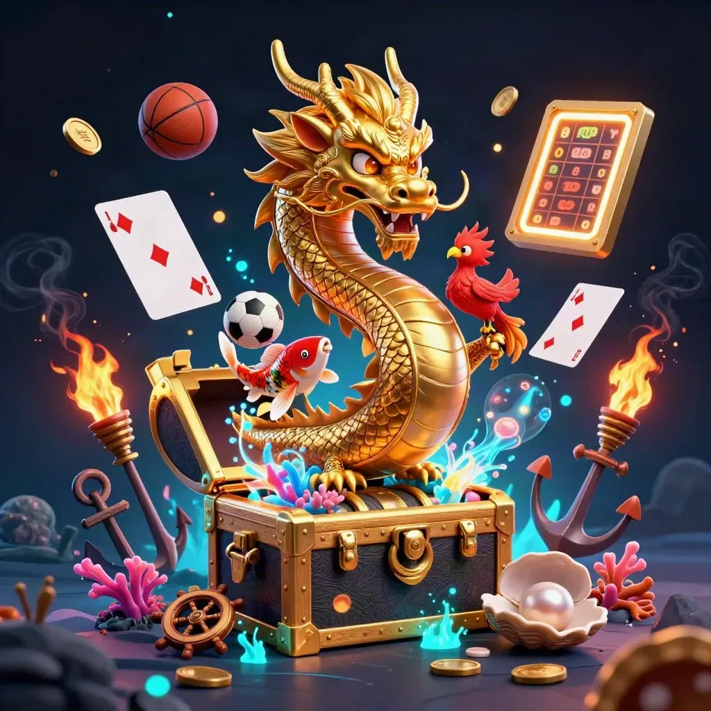 Golden dragon on treasure chest with phoenix, koi, coins, cards, ball and neon casino lights