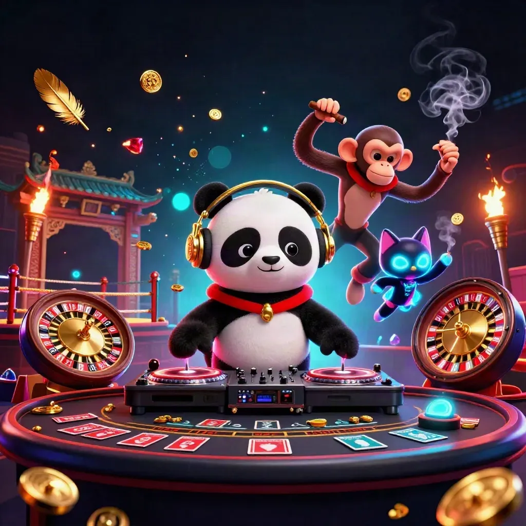 DJ panda, breakdancing monkey, and glow-stick kitten in a neon casino scene with roulette, cards, and gold.