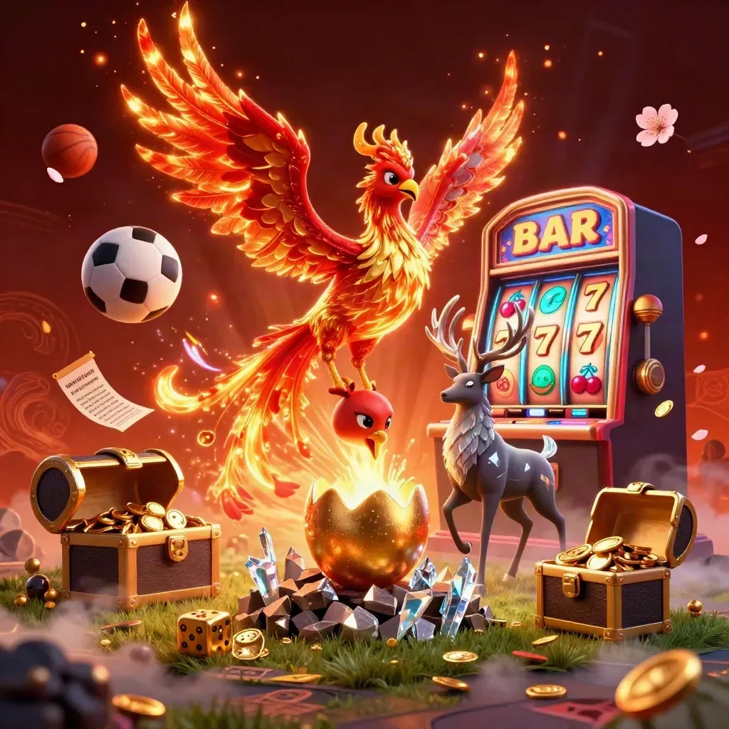 Fire phoenix, crystal stag, and jackpot casino effects with sports balls in a glowing arena
