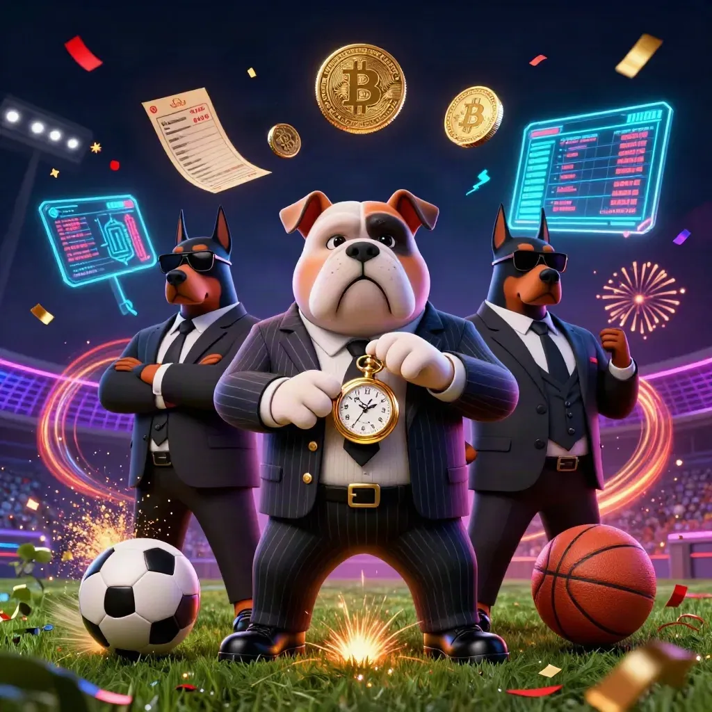Pinstripe bulldog and Dobermans amid neon coins, balls, and casino sparks in a dark cyber-noir burst.