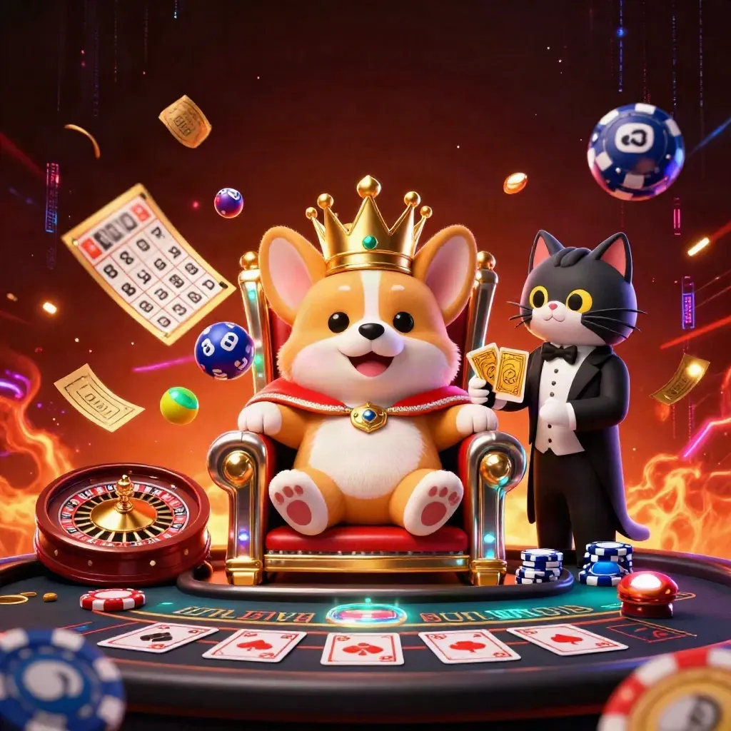 Royal corgi and cat butler at a glowing casino throne amid neon effects and spinning game icons.