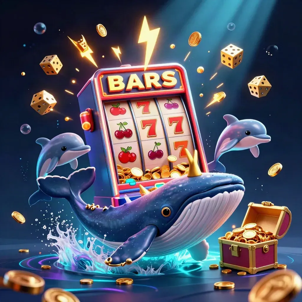 Whale captain, narwhal, dolphins and casino icons bursting through glowing coin sea