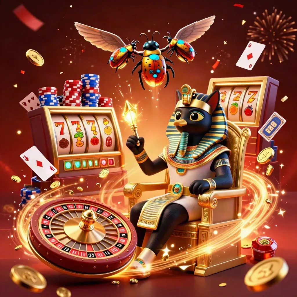 Pharaoh cat on a throne with an ibis scribe, scarab beetles, coins, chips, and casino effects