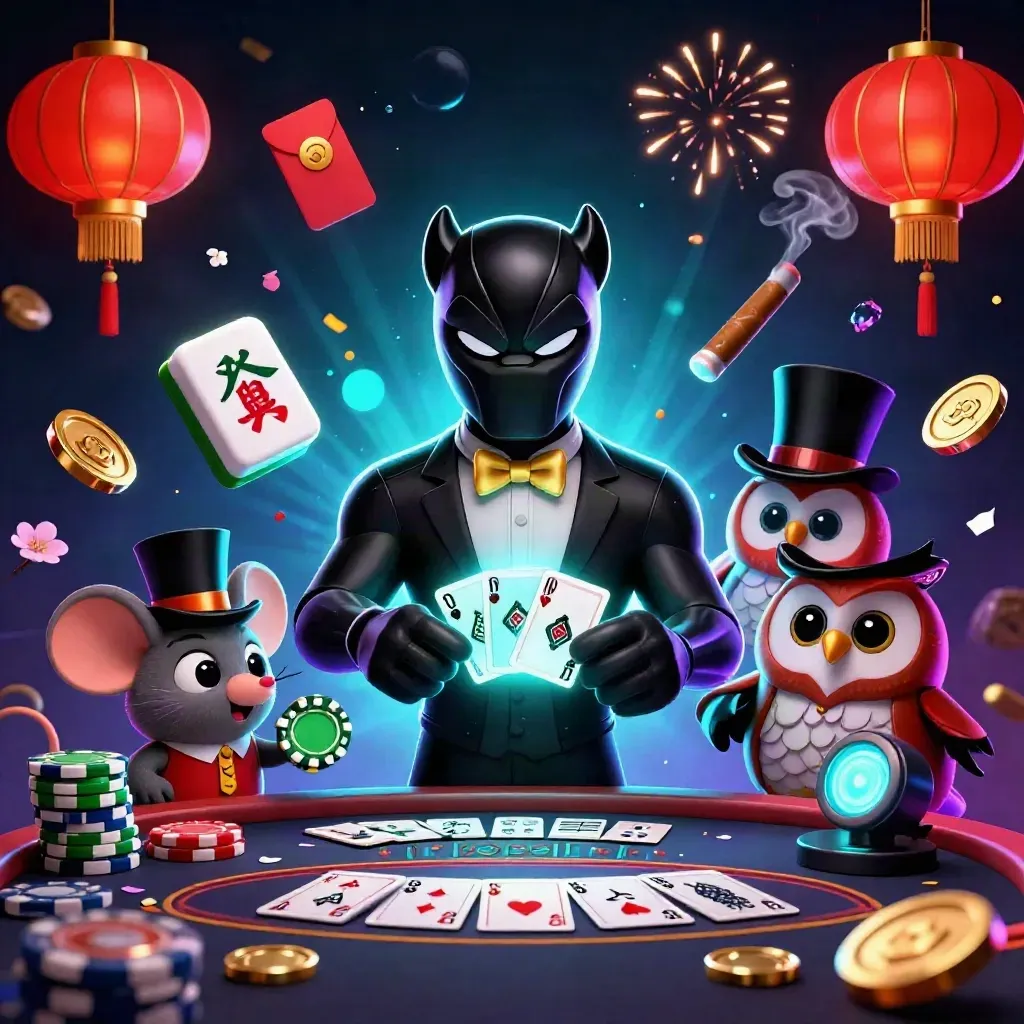 Panther, owl, and mouse in a neon casino scene with mahjong tiles, lanterns, coins, and glowing lights