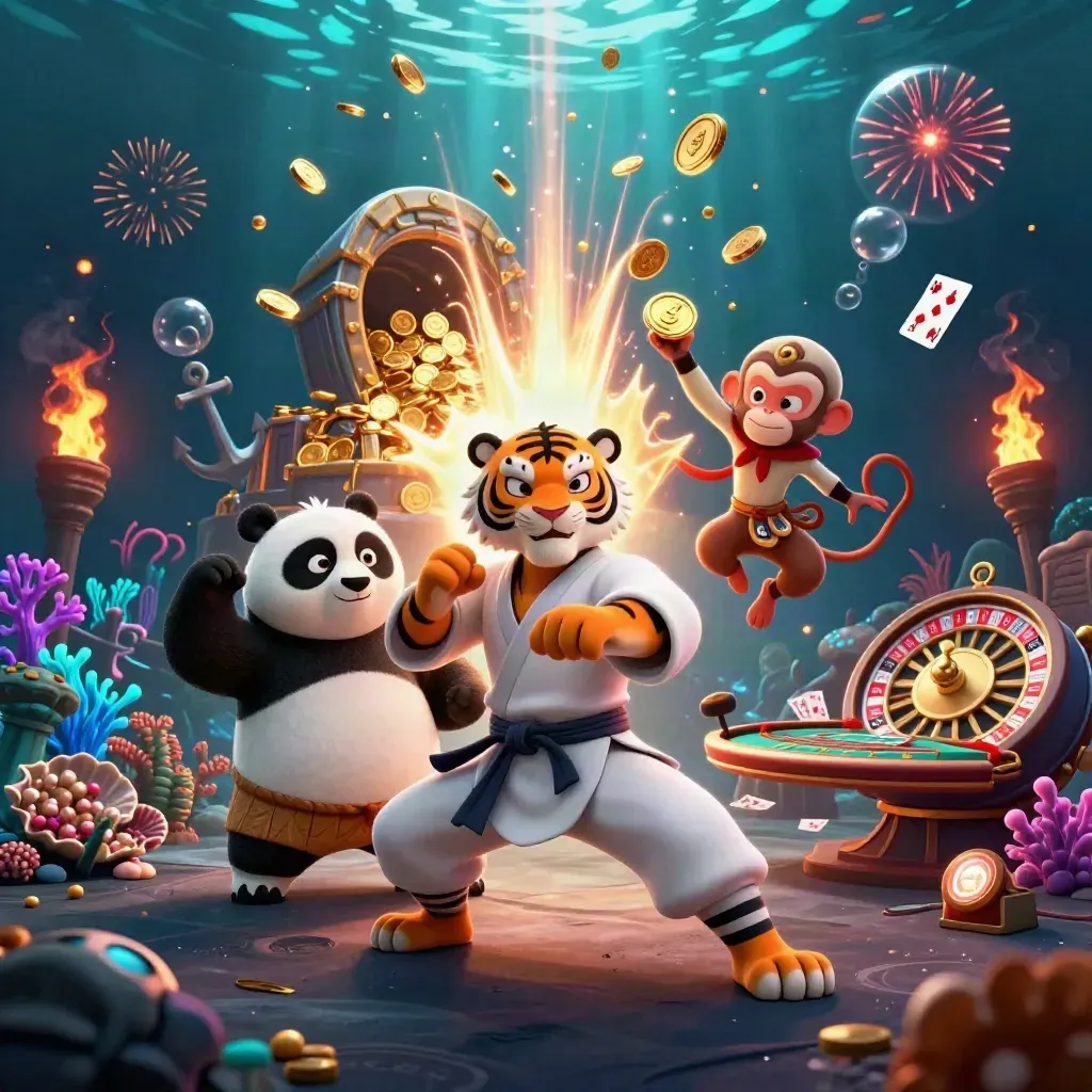 Tiger, panda, and monkey in a neon underwater treasure burst with casino props and coins.