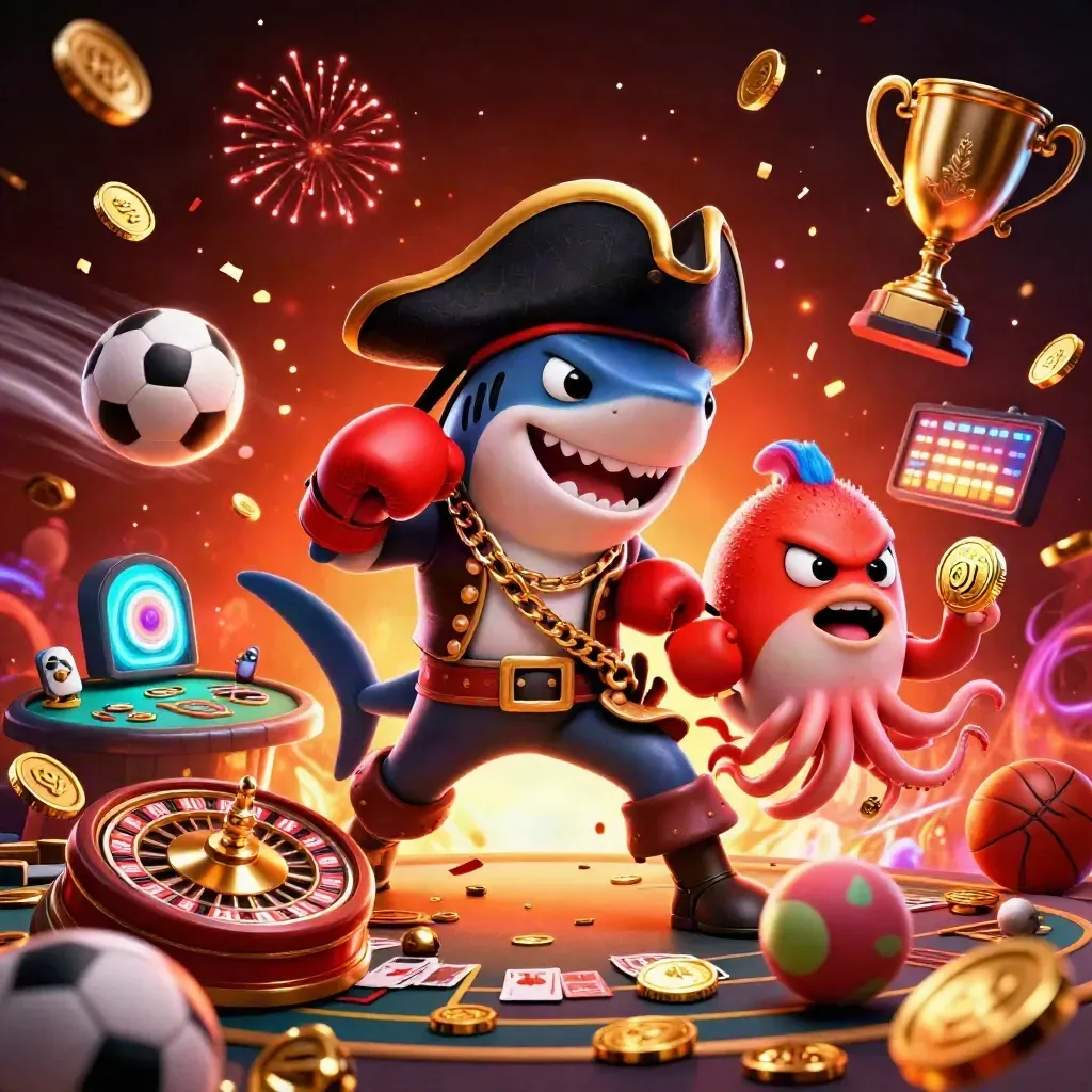 Pirate shark, boxing pufferfish, and coin-juggling octopus amid casino loot and fireworks.
