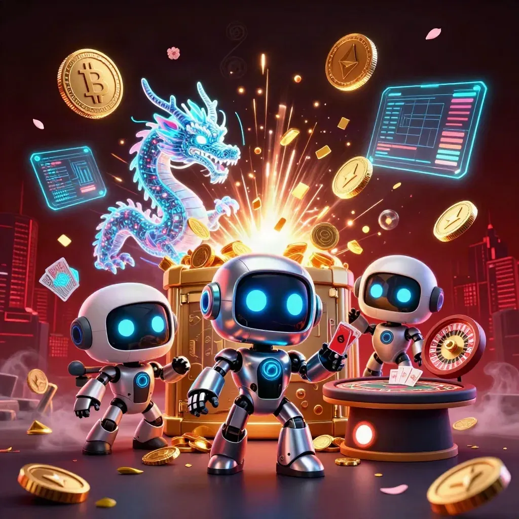 Cyberpunk robot, holographic dragon and coin drone amid treasure, cards and neon casino effects.