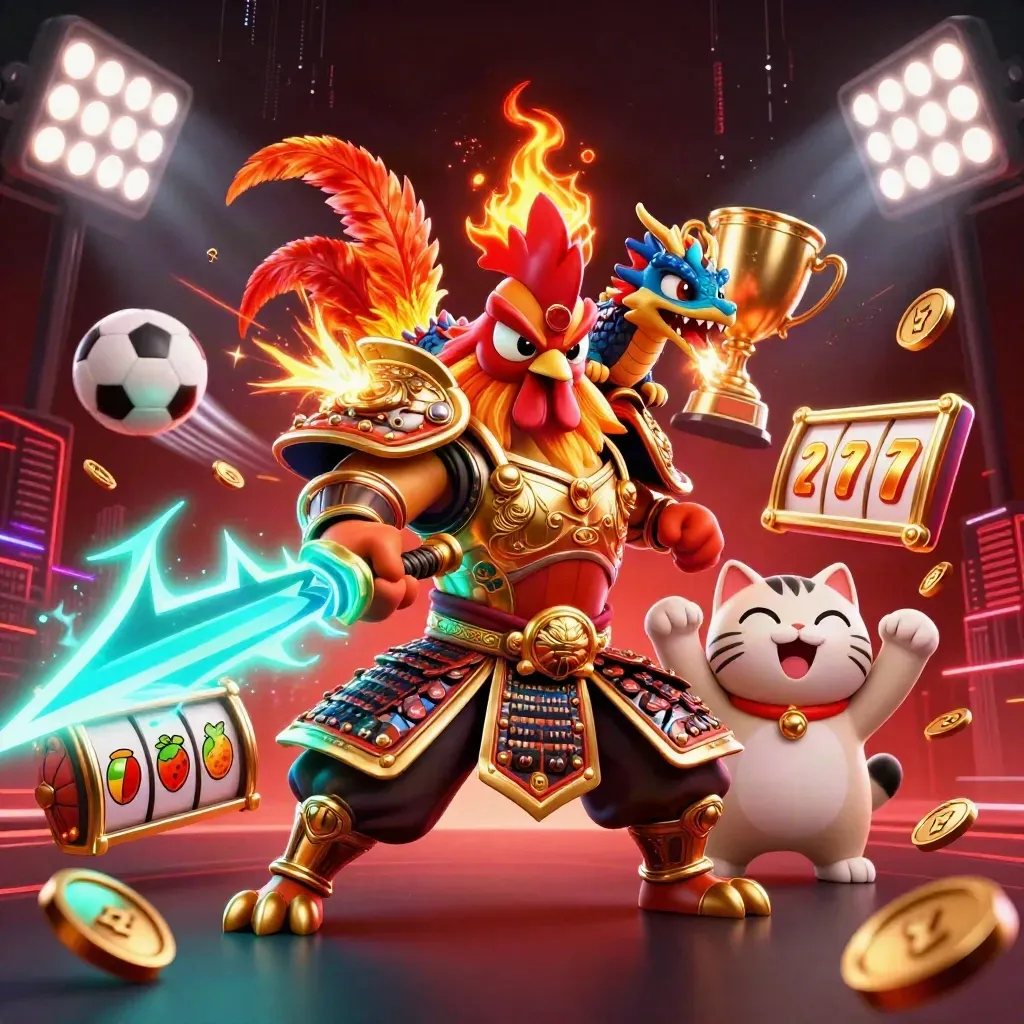 Rooster samurai, spark-breathing dragon hatchling, and cheering fortune-cat amid neon casino chaos.
