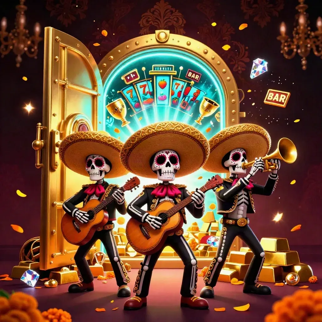 Three skeletal mariachi performers amid a vault blast, gold, gems, reels and cyan glow.