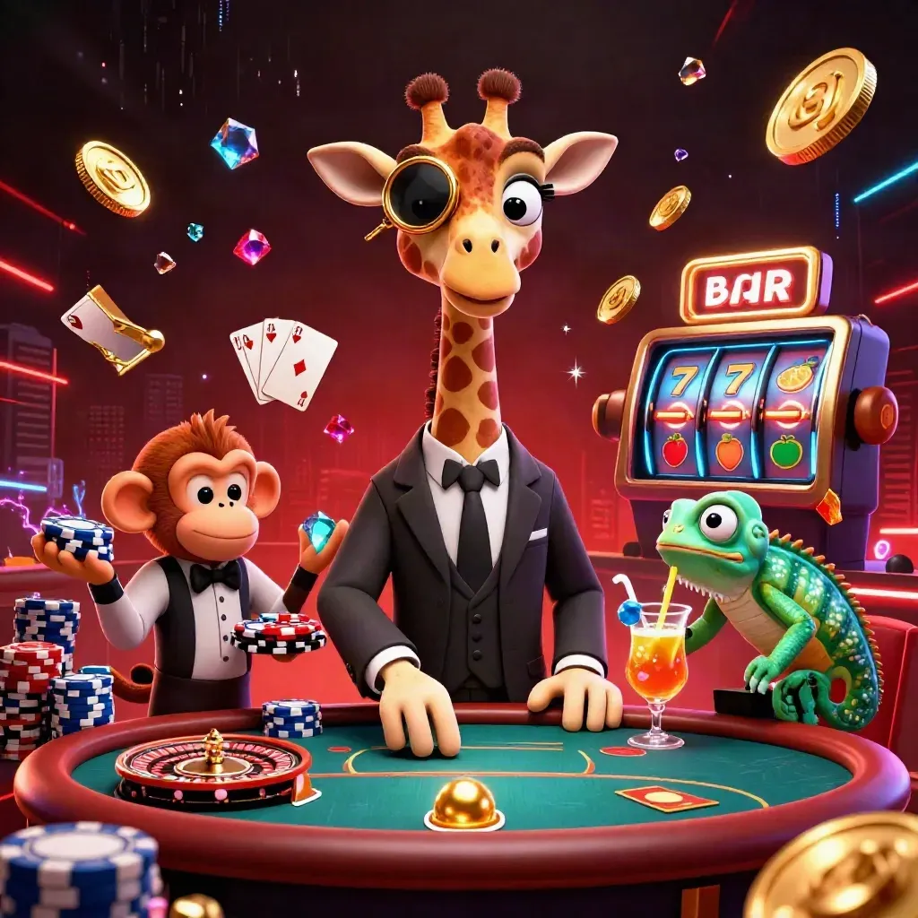 High-roller giraffe, monkey valet, and chameleon bartender amid casino chips, coins, and neon energy.