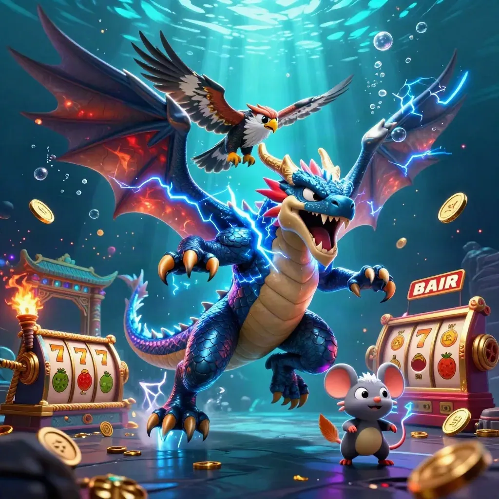Thunder dragon, hawk, and static mouse amid casino relics underwater with neon lightning.